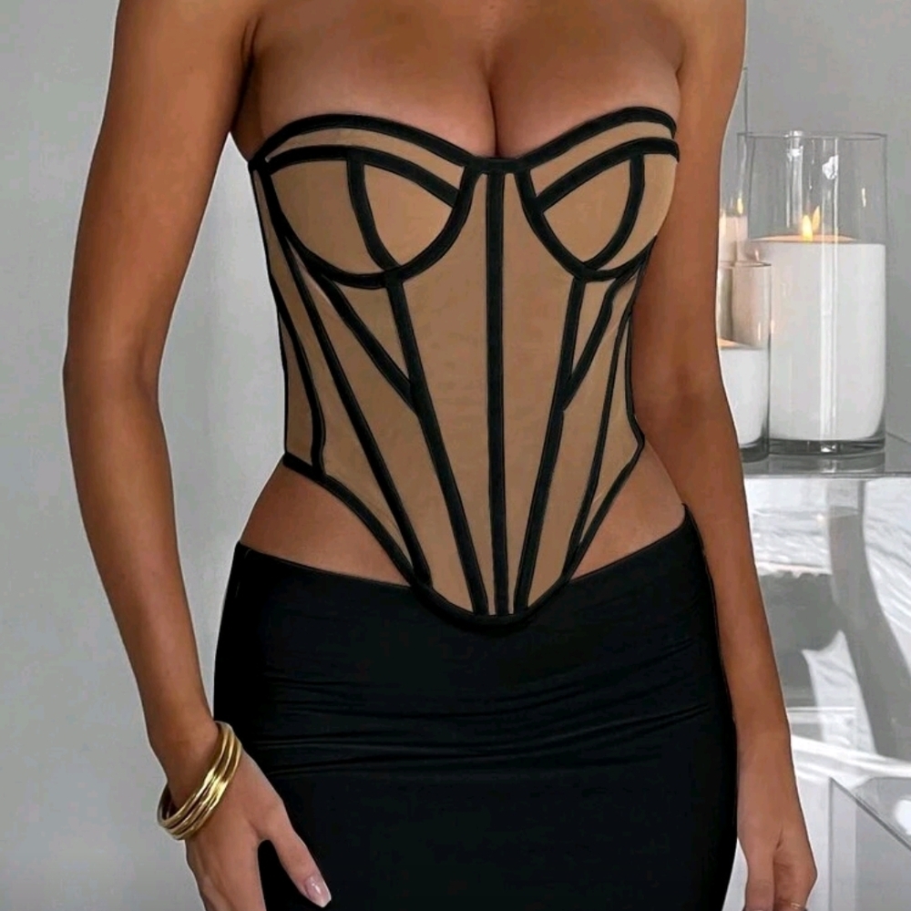 New Tan and Black Mesh Bustier Top